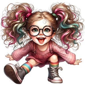Clipart Happy Girl, 12 schattige meisjes met krullend haar, bril en kleurrijke outfit, digitale kunst png