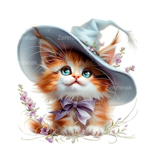 21 Clipart di gattini arancioni in formato PNG – Gatto carino con cappello da strega e fiori – Arte magica di Halloween per lavoretti