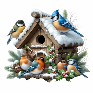 Winter-Vogelhaus PNG mit Blauhäher und Rotkehlchen, 15 verschneite Kiefer und Holly Akzente PNG für Urlaub Handwerk und Drucke