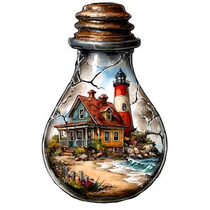 May include: A watercolor illustration of a coastal scene inside a lightbulb. The scene includes a house, a lighthouse, a beach, and ocean waves. The lightbulb has a brown base and is cracked, with the coastal scene inside.