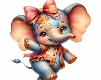 14 PNG Patchwork Baby Elephant, Floral Quilt Animal Clipart