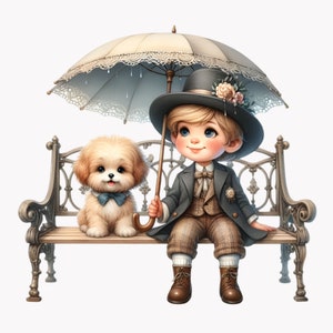10 Vintage Boy Clipart PNG, Criança Elegante com Guarda-chuva e Cachorro, Ilustração Vitoriana Caprichosa, Arte de Cavalheiros Bonitos