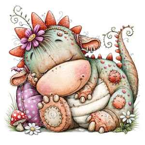 Puede incluir: Ilustración caprichosa de un dragón durmiente con una corona de flores y parches. El dragón es principalmente verde y melocotón, descansando sobre una almohada rosa con lunares. Una seta y margaritas en primer plano.