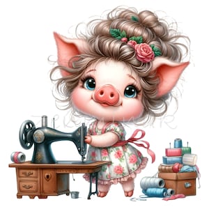 May include: A cartoon pig with brown hair wearing a floral dress and operating a vintage sewing machine. The pig is standing on a wooden table with drawers. There are spools of thread and other sewing supplies on the table.
