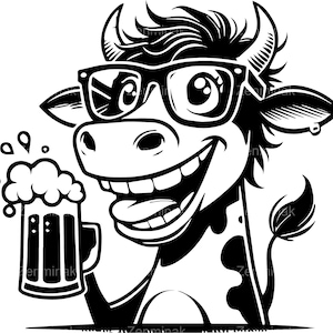 6 divertidos archivos SVG de vaca para cortar - Clipart de vaca bebiendo en jarra de cerveza - Diseño digital de toro genial con gafas de sol