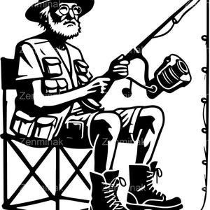 4 Silhouette di Pescatore in formato SVG, Clipart di Uomo Barbuto che Pesca con Cappello e Canna da Pesca, SVG per Esterni per Cricut e Artigianato Tagliato al Laser