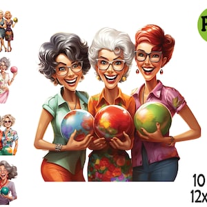 10 Retro Bowling Ladies PNG - Fun Vintage Friends with Bowling Balls - Colorful Group Digital Clipart Set