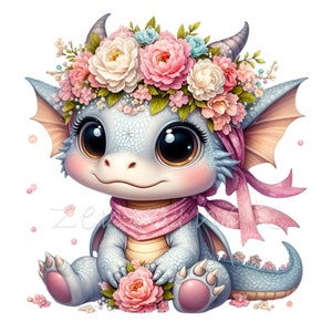 15 schattige babydraak png-clipart – fantasiedraak met bloemenkroon en sjaal – grillige schepsel digitale kunst