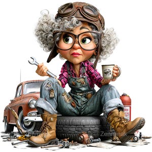 May include: A cartoon illustration of a woman mechanic with grey curly hair, wearing a brown aviator hat, glasses, and overalls. She holds a spanner and a coffee mug. A vintage car and tools are in the background.