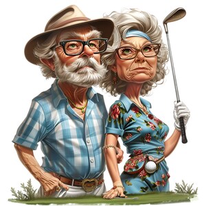May include: A caricature of an older couple, a man wearing a blue plaid shirt and a brown hat, and a woman wearing a blue floral dress and a white headband, standing on a green grassy surface.