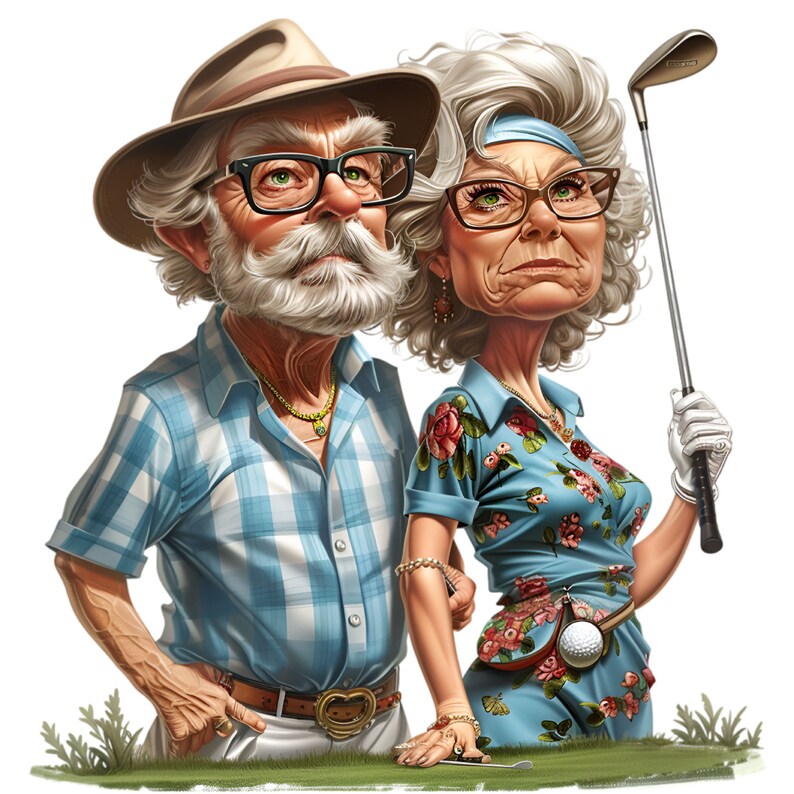 May include: A caricature of an older couple, a man wearing a blue plaid shirt and a brown hat, and a woman wearing a blue floral dress and a white headband, standing on a green grassy surface.