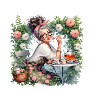 19 PNG Dama de la Fiesta del Té en el Jardín PNG Clipart, Ilustración de una elegante anciana con delantal floral, Arte de una escena de jardín de rosas, Descarga digital