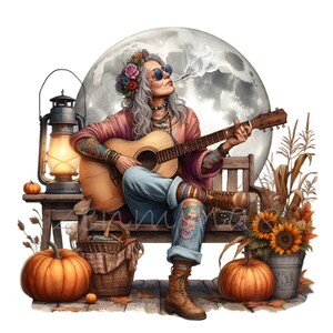 Hippie oma gitaar speelt onder volle maan Clipart, 10 png-download, grappige oudere vrouw kunst met herfstdecor