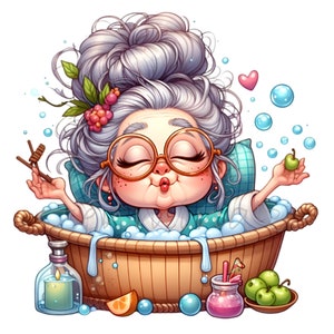 Funny Senior Lady 15 PNG Spa Relax Bath Cartoon illustration clipart