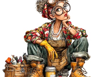 15 PNG Quirky Overalls Lady Clipart, Goggles Crafter Mechanic