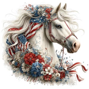 May include: A digital illustration of a white horse's head decorated with patriotic elements. The horse has a floral wreath of red, white, and blue flowers, and a draped American flag. The horse wears a red bridle.