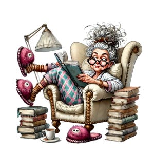 15 PNG Divertida Señora Leyendo PNG – Mujer mayor en sillón con moño desordenado, pijama, café, pila de libros, clipart de dibujos animados para amantes de los libros
