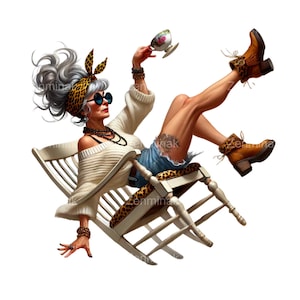 12 divertenti PNG di donne glamour, Clipart di sedie a dondolo vintage, arte umoristica retrò per progetti artigianali e sublimatici