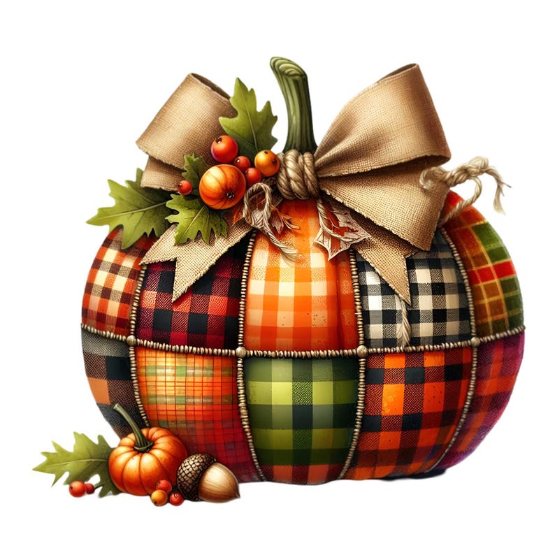 Puede incluir: Una calabaza de patchwork con un lazo de arpillera marr&oacute;n y hojas verdes. La calabaza est&aacute; decorada con una variedad de patrones de cuadros en rojo, naranja, verde y negro.