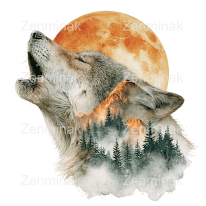 May include: A digital illustration of a gray wolf howling with its head tilted upward. The wolf's fur contains a double exposure effect featuring a dark green pine forest and a large, textured orange moon in the background. The text Zenminak is visible.