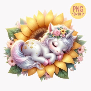 10 PNG 眠っているユニコーン PNG – ひまわりにカールした花冠をつけたかわいいパステルカラーのベビーユニコーン – 保育園やベビークラフト用の愛らしいクリップアート