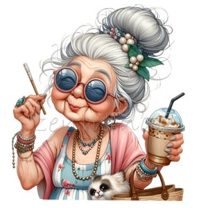 16 PNG Funny Grandma Clipart – Cool Elderly Lady with Sunglasses, Cat and Coffee Illustration for Humor Stickers, Scrapbook, Wall Art