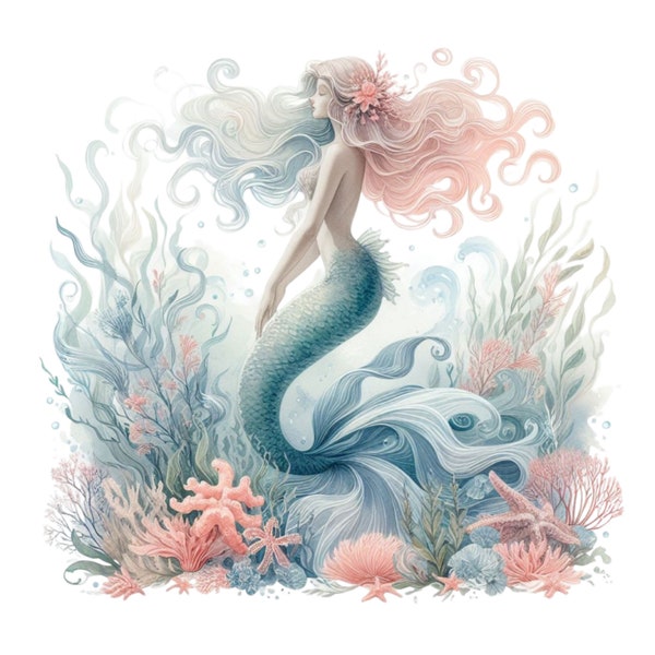 Mermaid Clipart, 10 PNG, Underwater Scene, Starfish Clipart, Gift for Her, Undersea World