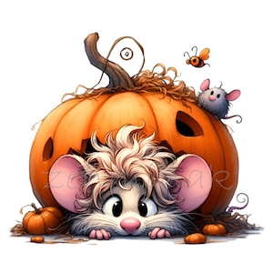 12 schattige muis PNG-afbeeldingen - schattige muis verstopt in pompoen - grappige herfst- en Halloween-illustratie voor decor