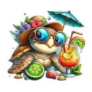 15 tropische schildpadden, png-afbeeldingen - schattige strandschildpad met hoed en cocktail - zomervakantie dierenillustratie