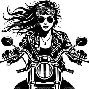 Archivo SVG de 4 motociclistas, silueta de mujer en motocicleta, arte digital de motociclista con chaqueta de cuero