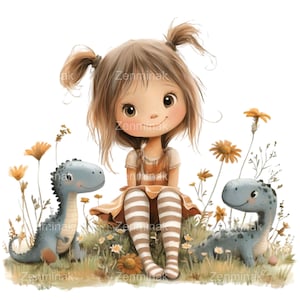 12 Cliparts de Garotas Bonitas com Dinossauros PNG – Criança Adorável em Meia-Calça Listrada Sentada em Flores com Dois Dinossauros de Desenho Animado – Arte Infantil para Berçário