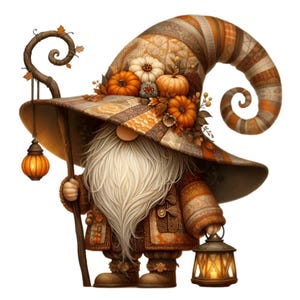 15 Clipart PNG di gnomi autunnali con zucche e lanterne, illustrazione di gnomi della stagione autunnale, arte rustica del raccolto