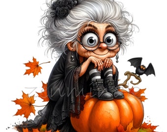 15 PNG Halloween Witch Grandma Clipart, Pumpkin Sublimation Bat Autumn