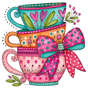 16 PNG Stacked Colorful Teacups Pink Bow Tea Party Sublimation