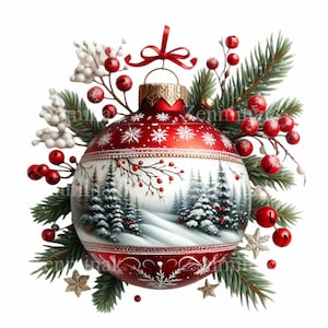 Boule de Noël rouge avec scène de forêt de pins enneigée, baies, flocons de neige et branches de pin | 12 illustrations PNG