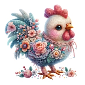 10 clipart floral poulet PNG poule décorative avec fleurs, perles, fils de dentelle | Pastel Art numérique Animaux de la ferme