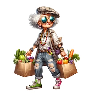 22 PNG Funny Market Granny – Grocery Lady PNG – Quirky Senior with Vegetables for Kitchen Decor & Digital Craft Projects