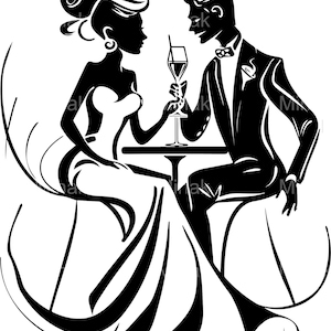 6 file SVG di coppia romantica, silhouette di un uomo e una donna eleganti che brindano, clipart di scene d'amore per matrimoni e creazioni Cricut