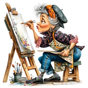 Puede incluir: Ilustración de una artista en su trabajo. La artista, con cabello gris y boina, pinta en un caballete de madera. Lleva una camisa floral, vaqueros y un delantal. La pintura representa flores coloridas. También se ven pinceles y una paleta.