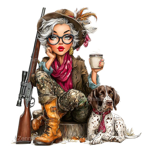 20 PNG Hunter Woman With Pointer Dog Clipart, Leopard Coat Hunt