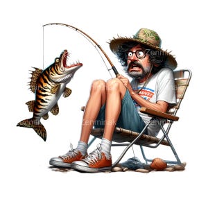 14 Funny Fisherman PNG Clipart, Surprised Man with Giant Fish, Humorous Fishing Art, Cartoon Style Digital Download