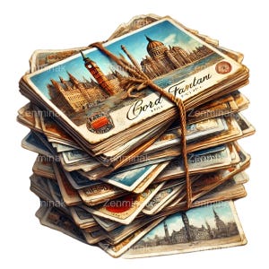 15 Clip Art di cartoline d'epoca PNG - Illustrazione di pile di cartoline di viaggio retrò per artigianato e arredamento