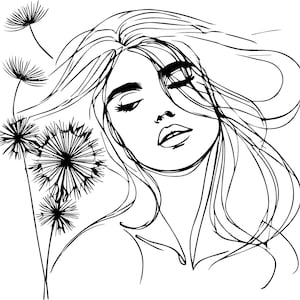 5 eleganti Dandelion Girl Line Art SVG, file di taglio del viso di donna minimalista, design digitale floreale femminile per Cricut e Laser
