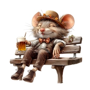 18 Vintage Maus Clipart PNG, elegante Maus mit Bier auf Bank, wunderliche Tierillustration für Herbstdekor