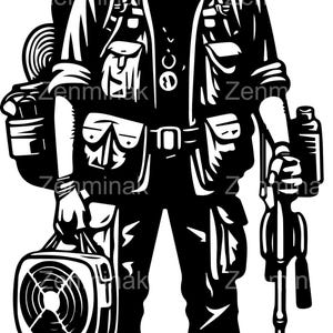May include: A black and white illustration of a hiker with a large backpack, a walking stick, and a fanny pack. The hiker is wearing a bandana, a long-sleeved shirt, pants, and boots.