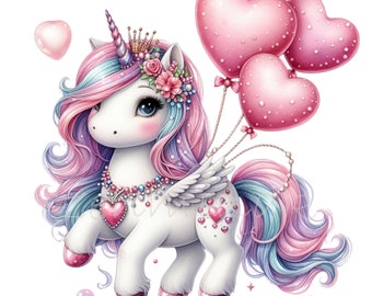 Puede incluir: Un unicornio blanco con una melena y cola rosa y azul, que lleva una corona y un collar con un colgante en forma de corazón. El unicornio sostiene tres globos en forma de corazón rosa.