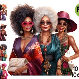 10 PNG Ladies PNG – Donne anziane glamour in abiti e cappelli chic, elegante pacchetto clipart per biglietti di auguri e progetti
