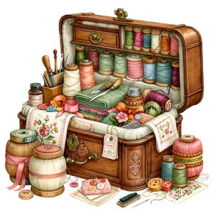 May include: A wooden sewing chest filled with colorful spools of thread, fabric scraps, needles, and sewing tools. The open case features internal compartments holding various thread colors, while additional spools and embroidered fabric pieces sit outside.