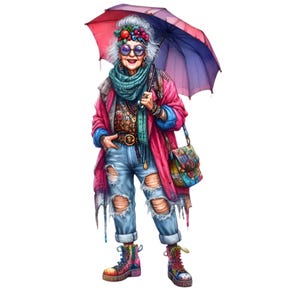 25 Quirky Nonna Clip Art PNG, Elegante Donna Anziana in Vestito Colorato con Ombrello, Divertente Personaggio Artistico per L'artigianato
