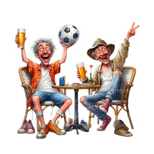 May include: Two men sitting at a table outside, one holding a soccer ball and the other holding a beer. They are both smiling and looking at the camera. There are two glasses of beer on the table, as well as some snacks.